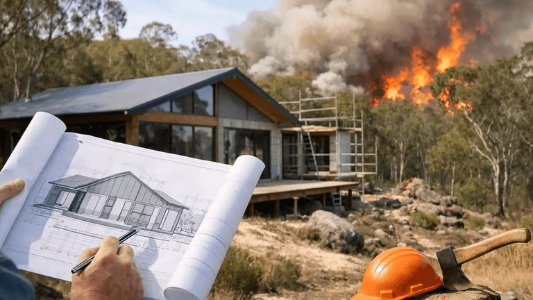 Person sketching house plans in foreground with wildfire burning in the background.